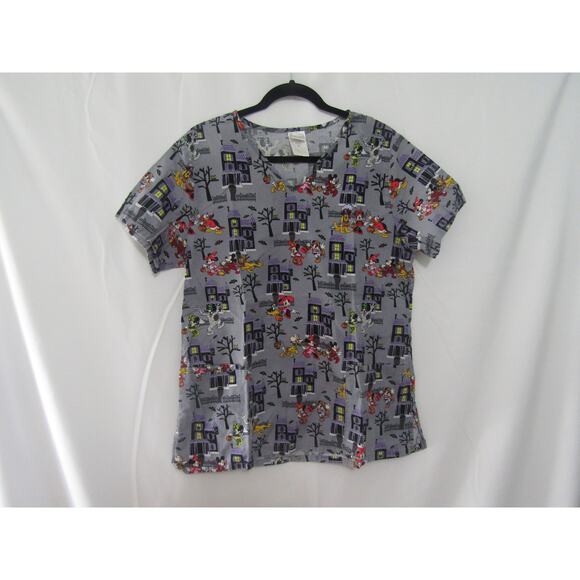 Disney Medical Scrub Top Medium Mickey & Friends Halloween Haunted House Print - Picture 1 of 7